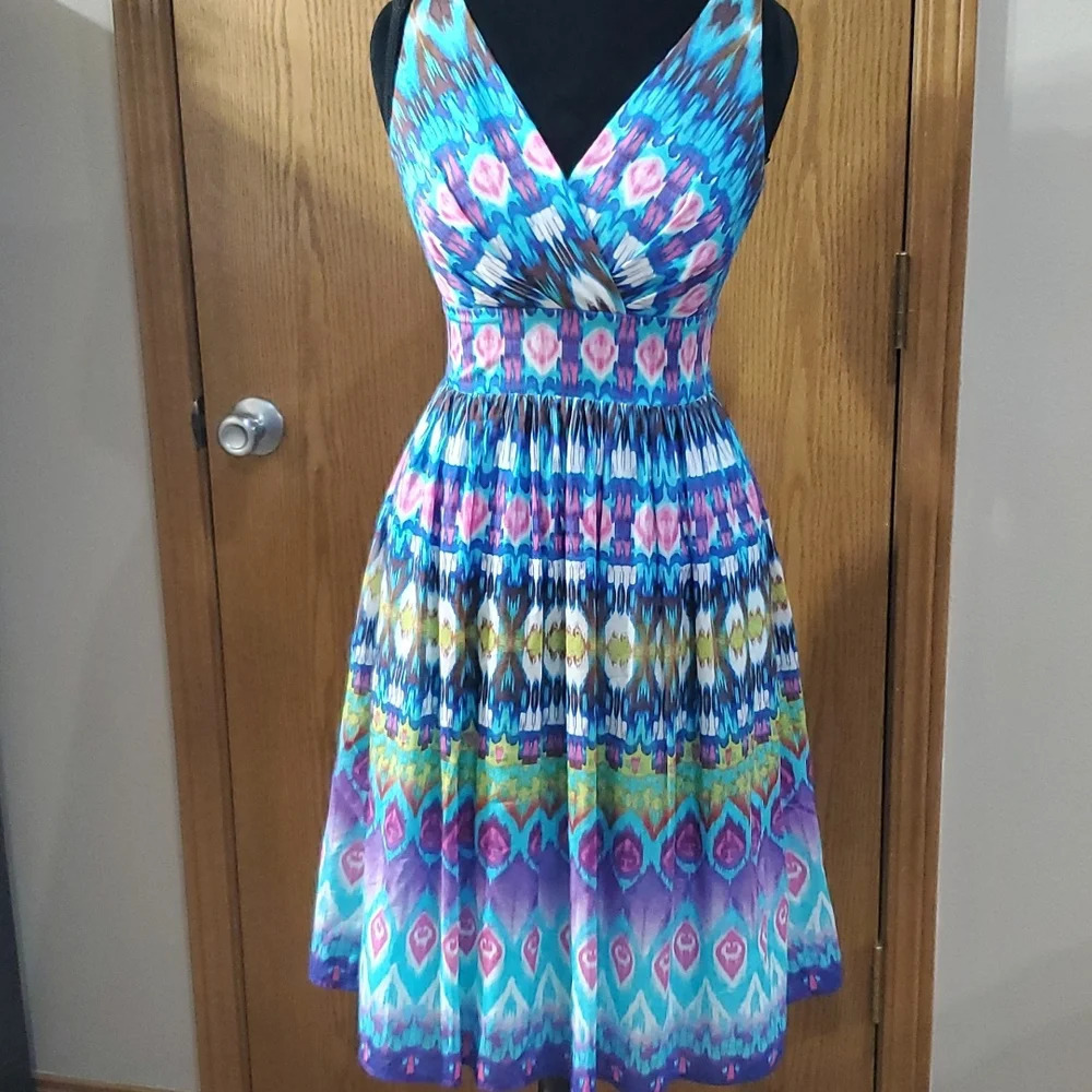 Eliza J silk cotton dress multicolored sleeveless euc